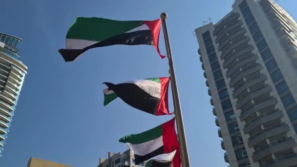United Arab Emirates National Flags Waving Pole Skyscrapers Low Angle — стоковое видео