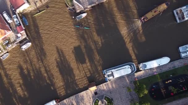 Aerial Top Shot People Kayak Rowing River Cruising Boats Sunlight — Video