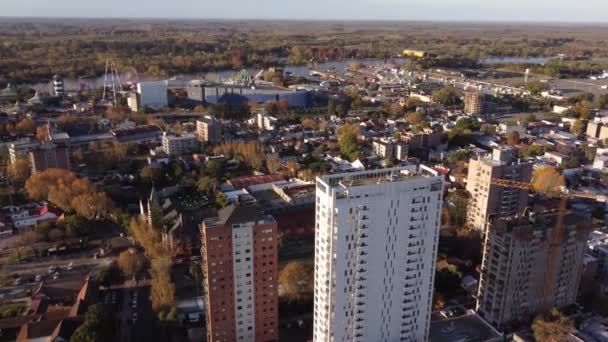 Aerial View Showing Apartment Blocks Tigre City River Sunset Time — Stockvideo