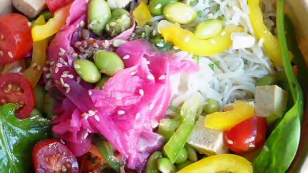 Healthy Buddha Bowl Close Tofu Salad — Stock Video