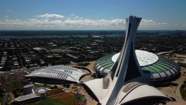 Close Drone Shot Olympic Stadium Biodome Montreal Lawrence River Summer — Wideo stockowe