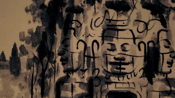 Handmade Black White Buddhist Painting Portraing Angkor Wat Temples Elephants — Stock Video