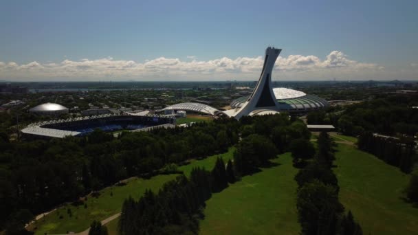 Aerial Drone Shot Olympic Stadium Saputo Stadium Maisonneuve Park Summer — Αρχείο Βίντεο