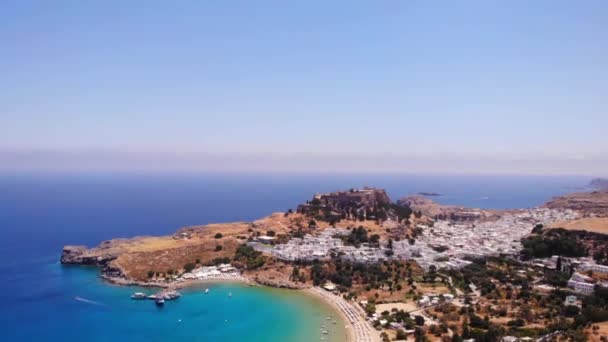 Panoramic View Lindos Town White Colored Houses Scenic Beach Greece — Stockvideo