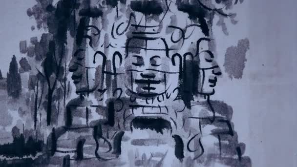 Handmade Black White Buddhist Painting Portraing Angkor Wat Temples Siem — Stockvideo
