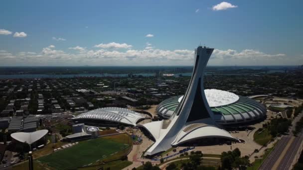 Aerial Drone Shot Olympic Park Montreal Summer Dolly Out — Stock video