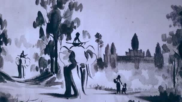 Повільно Ручний Чорно Білий Буддійський Живопис Зображує Ангкор Ват Храмів — стокове відео