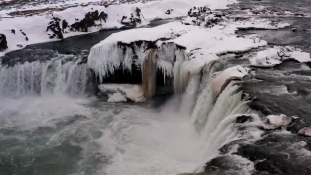 Aerial Orbit View Goafoss Waterfall Winter North Iceland Touristic Destination — Vídeo de stock