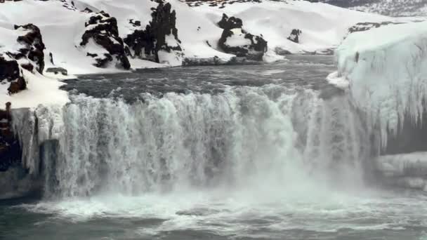 Goafoss Waterfall Winter North Iceland Close View Water Flow Surrounded — Stock video