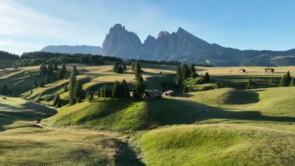 Aerial View Seiser Alm Plateau Traditional Wooden Mountain Cottages Meadows — 비디오