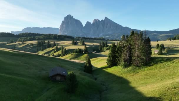 Aerial View Seiser Alm Plateau Traditional Wooden Mountain Cottages Meadows — Video Stock