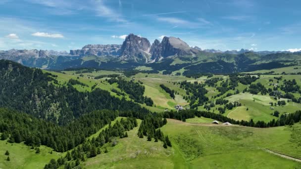 Aerial View Seiser Alm Plateau Traditional Wooden Mountain Cottages Meadows — Vídeo de Stock