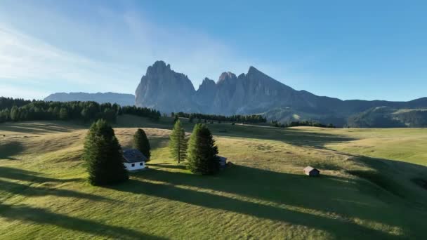 Aerial View Seiser Alm Plateau Traditional Wooden Mountain Cottages Meadows — 비디오