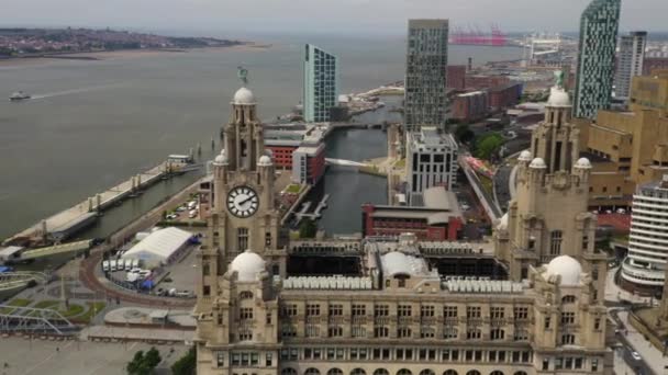 Liverpool Liver Building Fly Showing City Sky Line River Mersey — Wideo stockowe