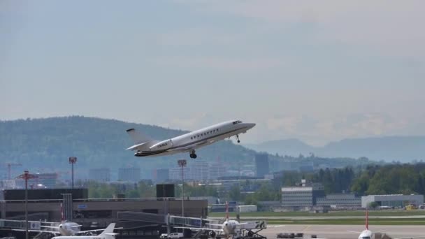 Private Jet Airplane Taking Air Zurich International Airport Switzerland Slow — Stock Video