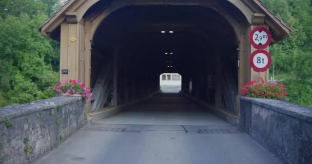 Slowly Moving Large Entrance Dark Old Styled Bridge Car Tunnel — Stock Video