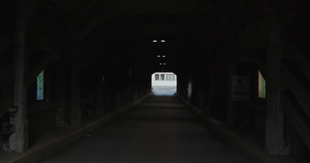 Pov Entering Old Strange Dreamlike Warping Dark Tunnel Bridge Switzerland — Stock Video