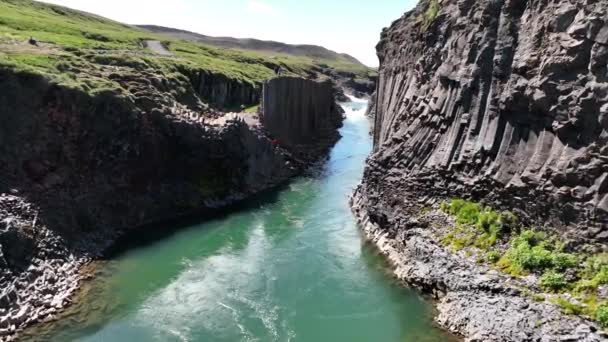 Basalt Columns Studlagil Canyon East Iceland Sunny Day Drone Shot — Vídeo de Stock
