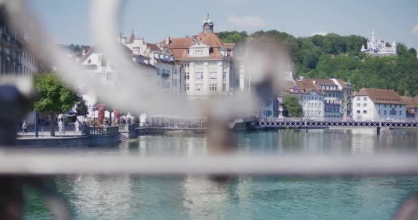 Bridge View Crowds Tourists Lake Downtown Luzern Switzerland — Wideo stockowe