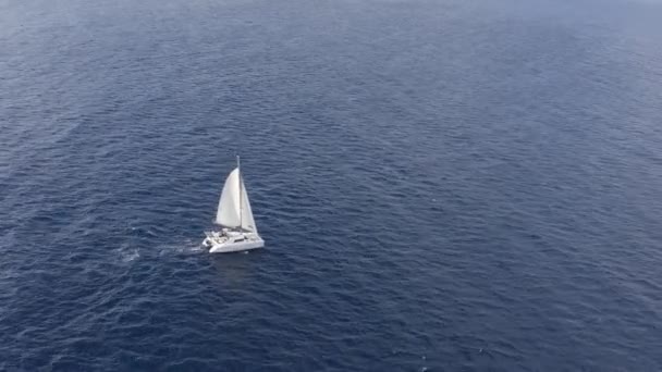 Drone Crane View White Catamaran Sailboat Blue Rippled Canary Islands — Vídeo de Stock