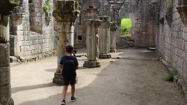 Rear View Boy Holding Camera Gimble While Filming Old Ruins — Video Stock