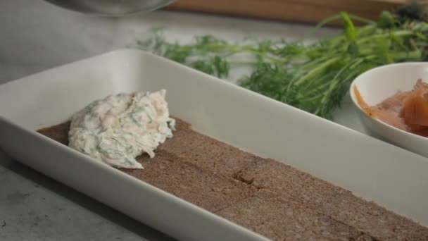 Chef Adds First Layer Filling Smorgastarta Salmon Dill Nearby — Stockvideo