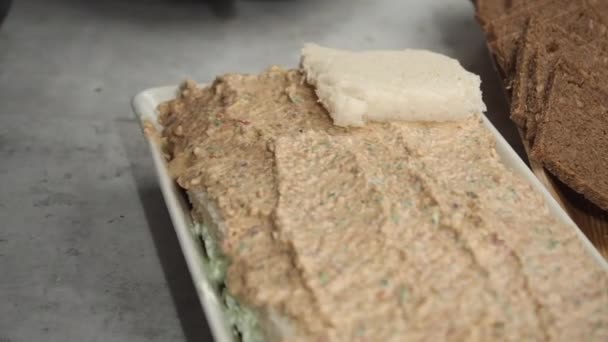 Slices White Bread Added Layered Smorgastarta Sandwich Cake — Stockvideo