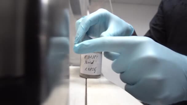 Research Lab Worker Opens Sample Container Lid Grey Dry Powder — Video Stock