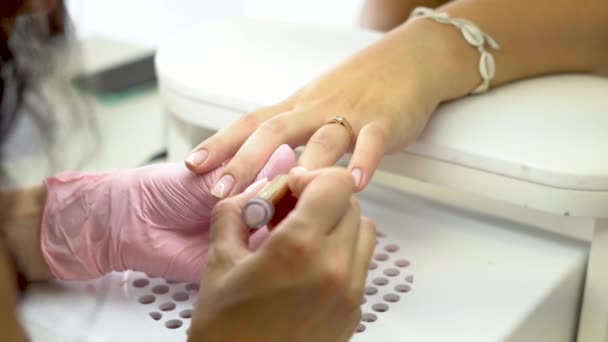 Caucasian Woman Beautician Delicately Manicures Clients Pretty Nails — Wideo stockowe