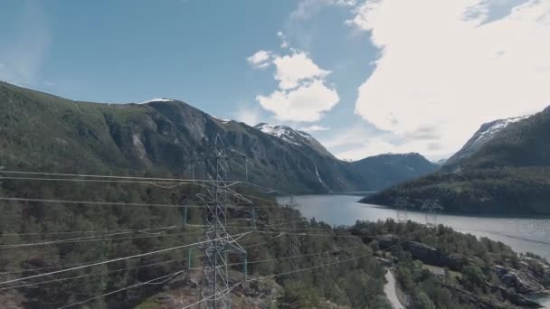 Dangerous High Voltage Power Lines Tafjord Norway Aerial Close Fly — Wideo stockowe