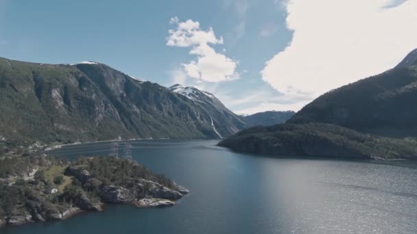 High Voltage Power Lines Crossing Fjord Valldal Norway Aerial View — Stock Video