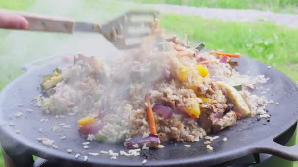 Cooking Stirring Fried Rice Meat Veggies Large Shallow Wok Pan — Wideo stockowe