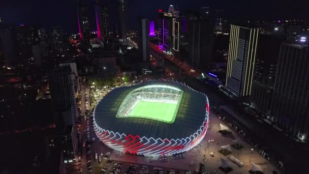 Flying Nearby Illuminated Modern Sports Arena Night — Stock video