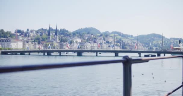 Male Tourist Looking Lake Bridge Luzern Switzerland — Video Stock