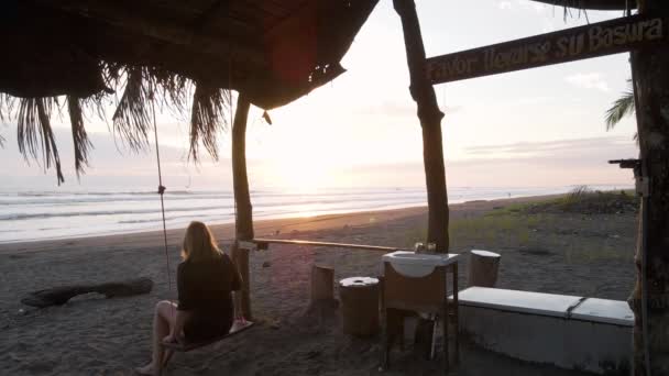 Young Woman Swaying Back Forth Slowly Swing Tropical Dream Beach — Video Stock