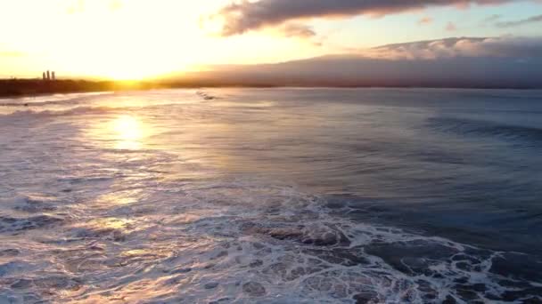 Static Aerial Shot Big Waves Sunrise Rusty Pipes Surf Spot — Wideo stockowe