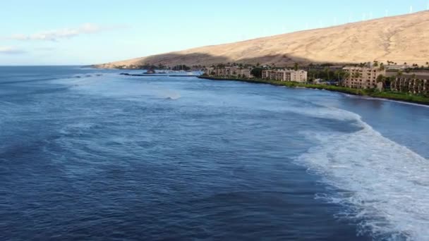 Flying Maalaea Ocean Harbor Windmills West Maui Mountain Range Waves — 图库视频影像