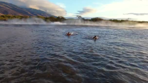 Two Male Surfers Paddling Out Duck Diving Big Wave Maui — 图库视频影像