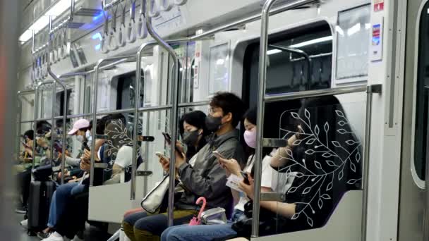 Close Shot Many Asian Commuter Face Mask Travelling Metro Checking — Video