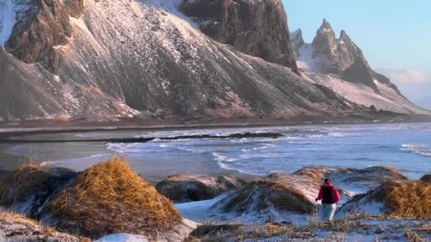 Tourist Hiking Snowy Dunes Vestrahorn Mountain Background Sunlight Stokksnes Black — Video Stock