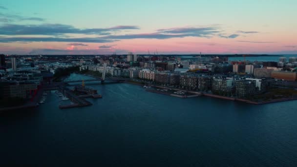 Aerial View Cruselli Bridge Colorful Dusk Ruoholahti Helsinki Finland Circling — Stockvideo