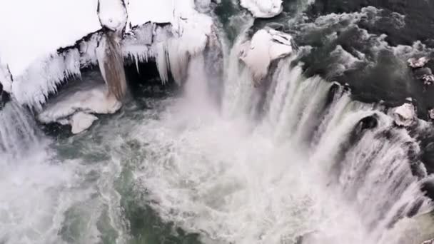 Aerial Top Shot Gigantic Godafoss Waterfall Splashing Crashing Cold Winter — Stockvideo