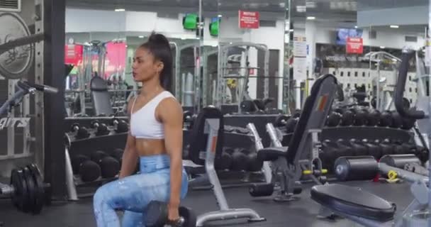 Young Latina Bodybuilder Performing Squats Gym Side Camera View Low — Vídeos de Stock