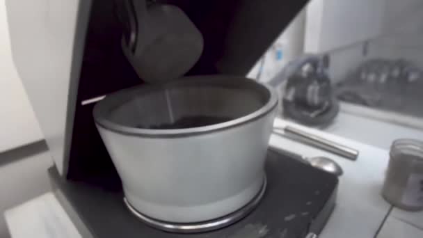 Lab Worker Opens Scoops Powder Grinding Mill Container Testing — Vídeo de stock