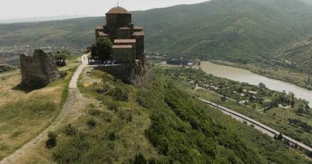 Aerial Drone Mountaintop Monastery Jvari Mtskheta Eastern Georgia — Stock video