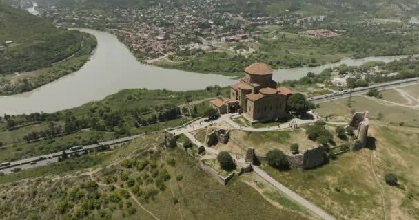 Ancient Jvari Monastery Overlooking Mtskheta Town Mtkavari River Georgia Aerial — Stock video