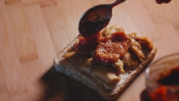 Putting Pizza Sauce Top Fried Chicken Breast Whole Grain Toast — Wideo stockowe