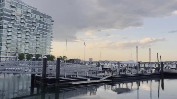Boston Harbor View America Flag Waving Front Beautiful Sunset Port — Stock videók