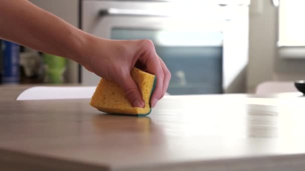 Mujer Limpiando Mesa Cocina Con Una Esponja Amarilla — Vídeos de Stock