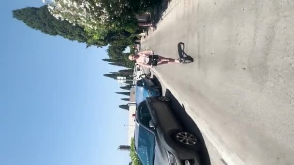 Young Happy Girl Riding Scooter Streets Dubrovnik Sunny Day Croatia — Stockvideo